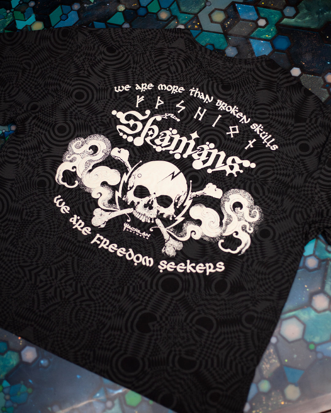 T-Shirt Oversized Men / Black Cotton Shinker - WIERD NOISES SHAMANS SMOKE White